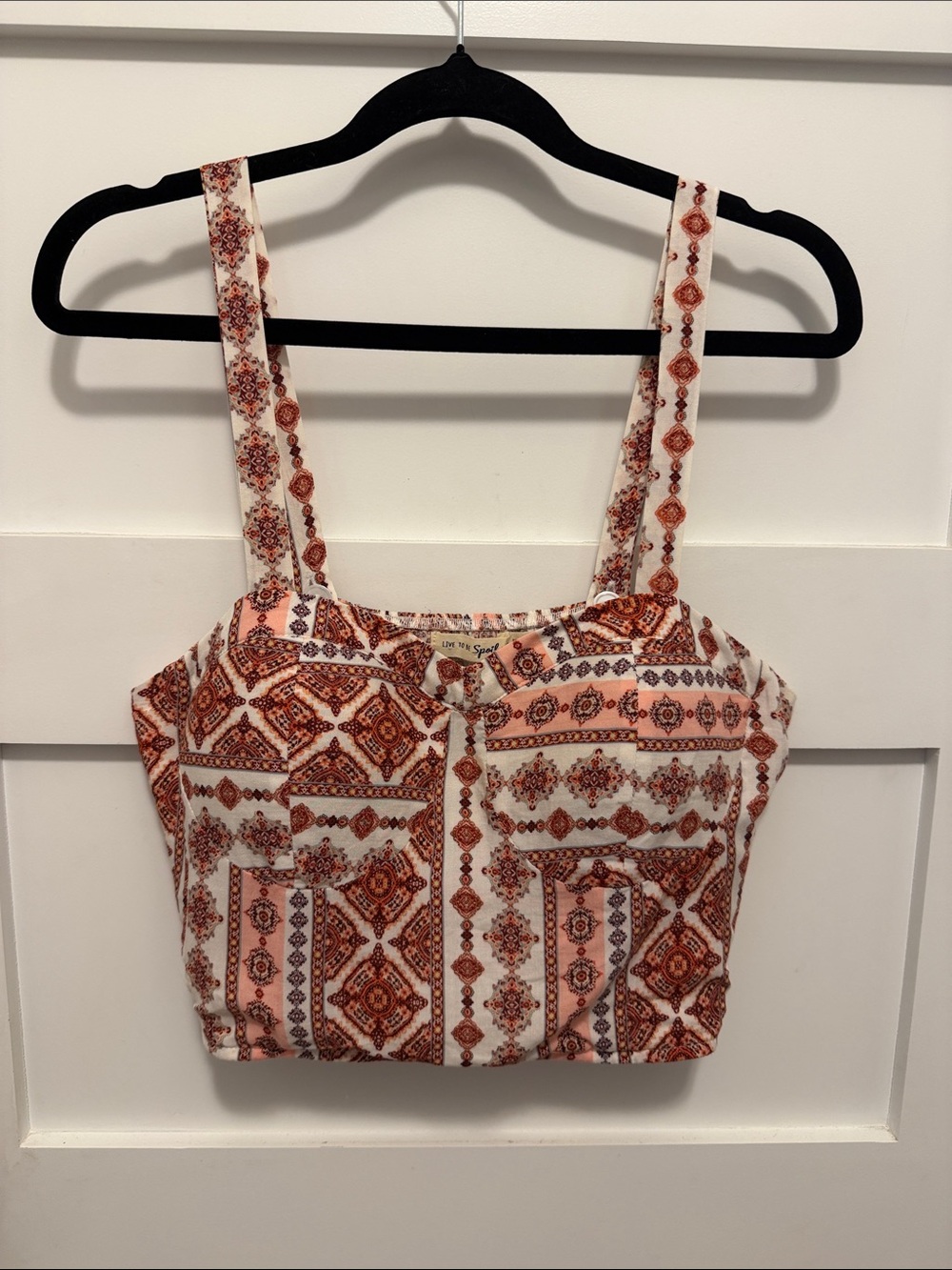Patterned Pink Boho Crop Top with Square Neck